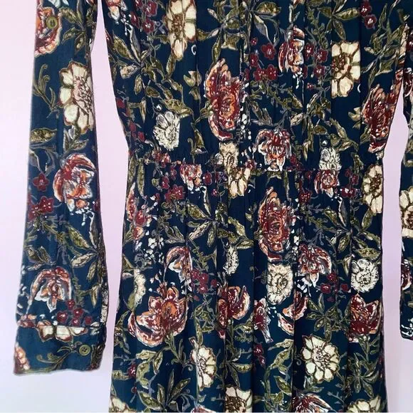 Angie Midi Dress M Navy Floral Blouson Long Sleeve Button - Picture 8 of 9